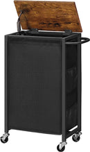 Segenn wasmand op wieltjes met deksel - wasmand met wieltjes - wassorteerder met zijvakken en handvat - 43.3 ltr- tas van Oxford-stof - ruimtebesparend - rustiek bruin en zwart - 40 x 23 x 73 cm (L x B x H)