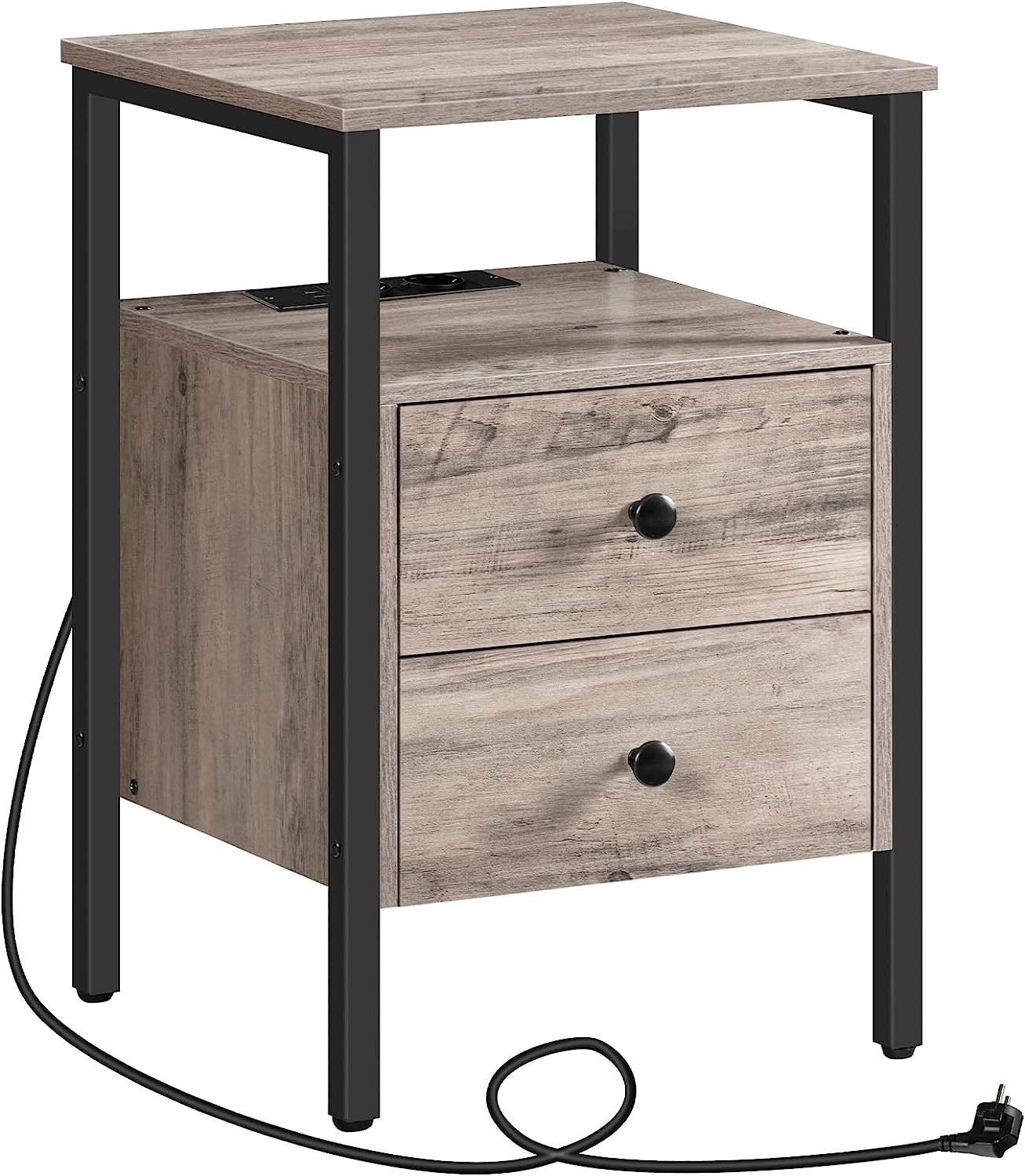 VASAGLE Nachtkastje, set van 2, bijzettafel, 3 laden, afgeschuinde rand, 2 AC-stopcontacten, 2 USB-poorten, woonkamer, slaapkamer, werkkamer, modern, wolkenwit LET831W14