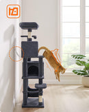 Segenn XXL Krabpaal - kattenboom met 5 krabzuilen - 2 platforms - 2 kattenholletjes 155 cm hoog- hangmat, 2 pluche ballen - pluche - design met meerdere verdiepingen - rookgrijs