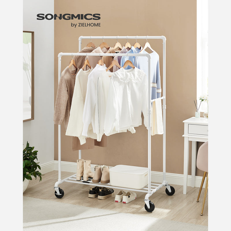 Segenn's Wow kledingrek - kledingroede - kledingstandaard met wielen - kapstok met 2 kledingroeden en plank - draagvermogen tot 110 kg - industrieel - voor slaapkamers - kleedkamers - wit