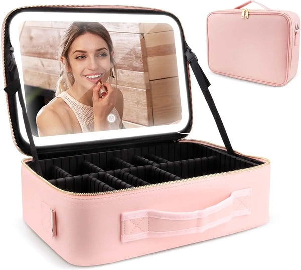 Segenn Extra Groot Beautycase met Spiegel en LED Licht - ROSE - Make Up Koffer Dames – LED Verlichting Makeup Organizer – Tas voor Cosmetica – Reis Toilettas Professionele make-uptas met spiegels 3 kleuren lichten, cosmetische koffer verstelbaar