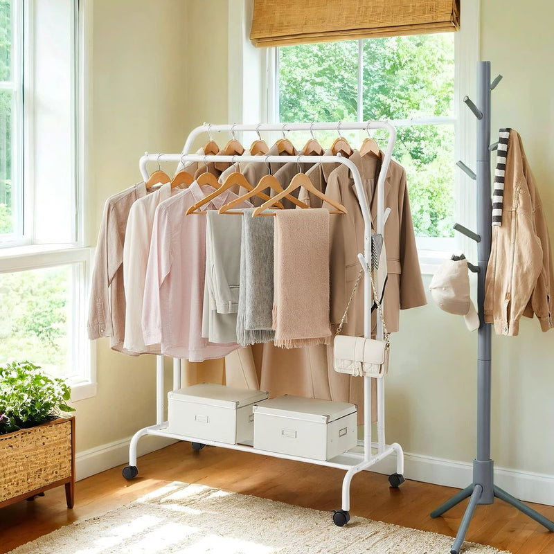 SEGENN Prato Kledingrek op Wielen met 2 Kledingroedes – Verplaatsbaar Garderoberek voor Extra Opbergruimte-2 Rails voor Jassen, Kleding en Meer