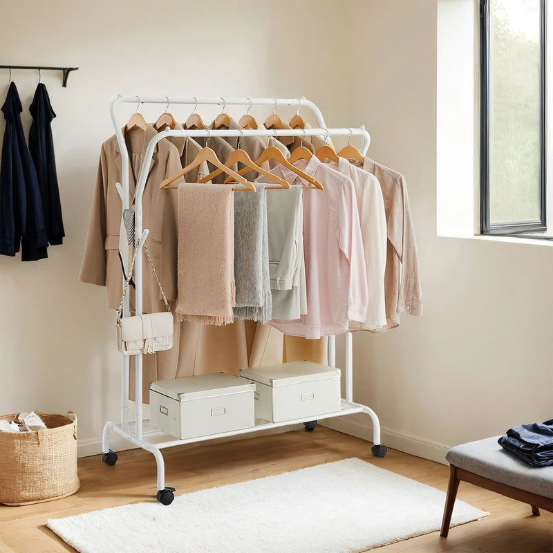 SEGENN Prato Kledingrek op Wielen met 2 Kledingroedes – Verplaatsbaar Garderoberek voor Extra Opbergruimte-2 Rails voor Jassen, Kleding en Meer