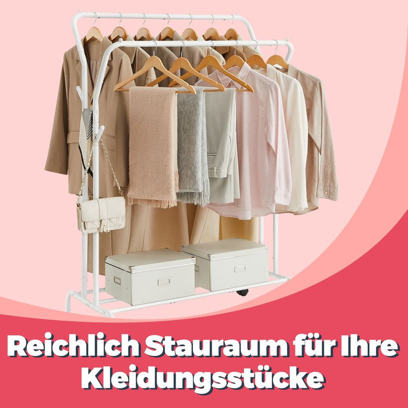 SEGENN Prato Kledingrek op Wielen met 2 Kledingroedes – Verplaatsbaar Garderoberek voor Extra Opbergruimte-2 Rails voor Jassen, Kleding en Meer