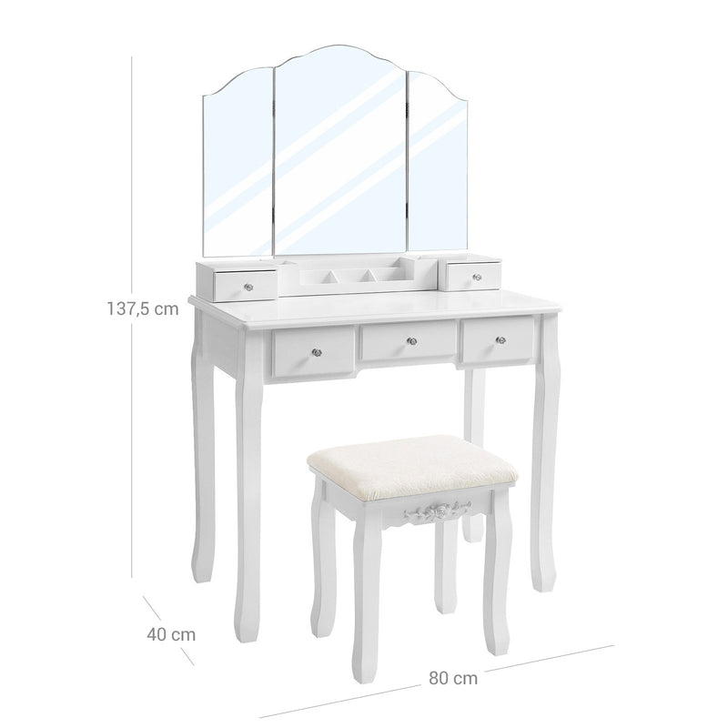 Segenn's Vouge Kaptafel - make up tafel - frameloze 3-delige inklapbare spiegel - met krukje - Wit