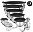 Mengkommen Set met Deksel - 24-Delige Beslagkommen & Mixkommen Set - RVS Kommen 1,5 tot 5 Liter - Inclusief Raspopzetstukken en Maatschepjes - Antislip Bodem - Vaatwasser- en Vriezerbestendig - Zwart - Zilver
