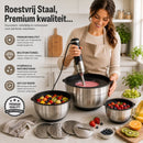Mengkommen Set met Deksel - 24-Delige Beslagkommen & Mixkommen Set - RVS Kommen 1,5 tot 5 Liter - Inclusief Raspopzetstukken en Maatschepjes - Antislip Bodem - Vaatwasser- en Vriezerbestendig - Zwart - Zilver