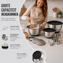 Mengkommen Set met Deksel - 24-Delige Beslagkommen & Mixkommen Set - RVS Kommen 1,5 tot 5 Liter - Inclusief Raspopzetstukken en Maatschepjes - Antislip Bodem - Vaatwasser- en Vriezerbestendig - Zwart - Zilver