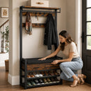 Kapstok met Schoenenrek en Bankje - Halgarderobe met Zitkussen - Schoenenkast 4 Niveaus - 9 Haken - Garderoberek voor Hal en Slaapkamer - Industrieel Vintage Bruin/Zwart