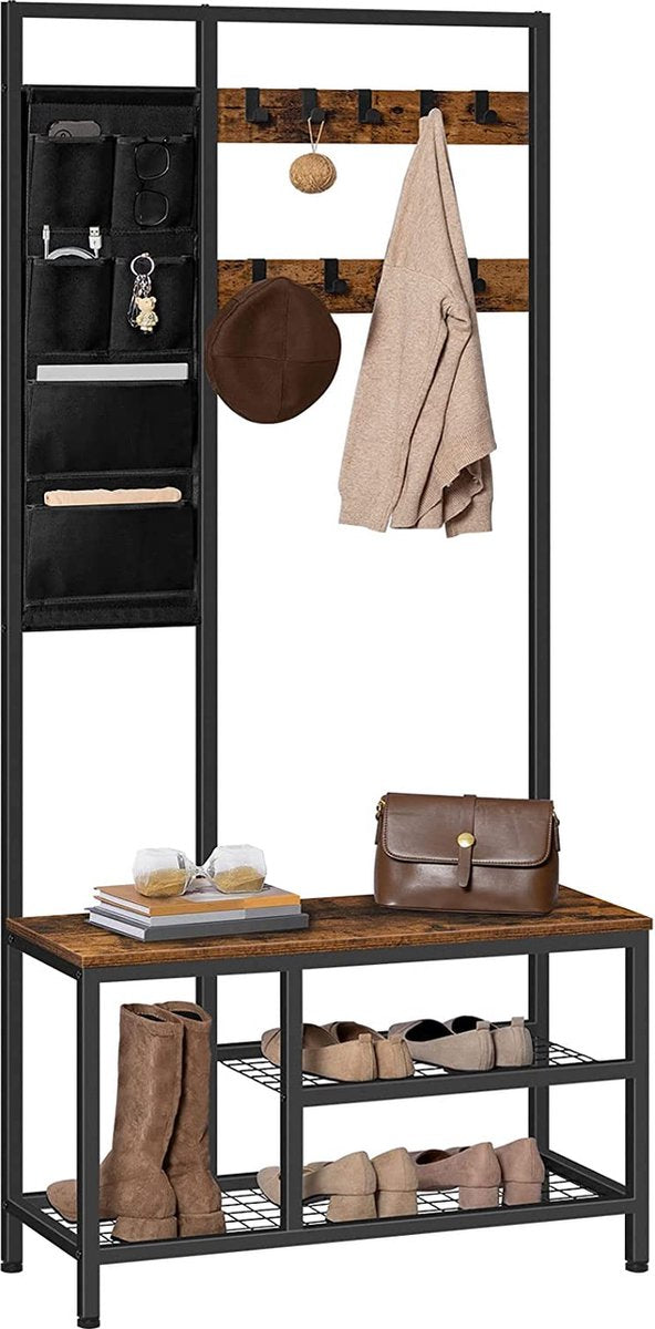 Segenn Kapstok met 6 vakken en 9 haken - Garderoberek met zitje - veel opbergruimte - voor hal - woonkamer - vintage bruin/zwart - 80D x 80W x 180H cm