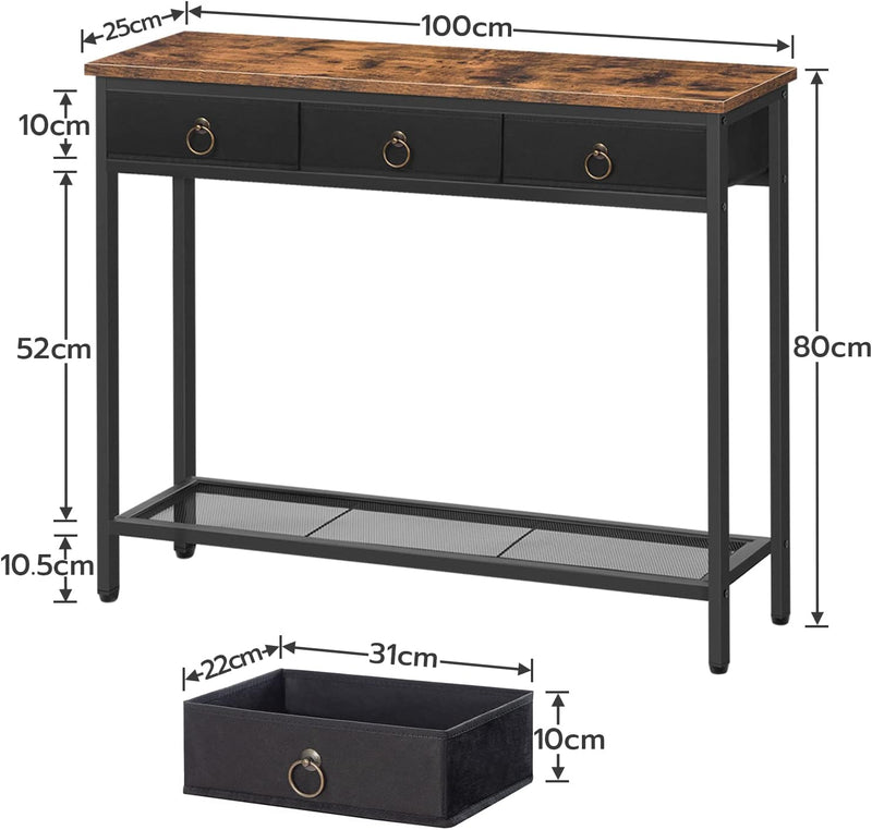 Segenn's consoletafel - console tafel - Dressoir - gangtafel met 3 lades - 2-laags bijzettafel - bijzettafel met stabiel frame - voor hal - woonkamer - industriële stijl - Bruin/Zwart