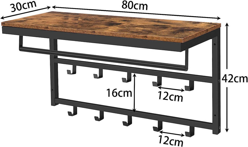 Segenn's kapstok - Wandkapstok - Wandkapstok met plank - Wandplank met 10 haken en stangen Hangplank - Industriële - 80x30x42cm