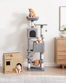 Segenn XXL Krabpaal - 155 cm hoog - kattenboom met 5 krabzuilen - Kattenhuis 2 platforms - 2 kattenholletjes - hangmat - 2 pluche ballen - pluche - lichtgrijs