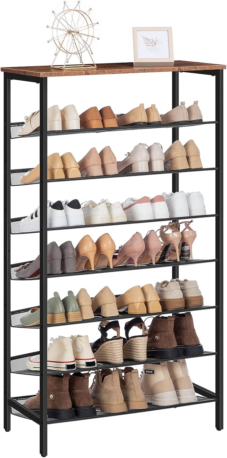 Segenn Groot schoenenrek - hoge schoenenkast - 8-laags schoenenrek - kantelbare gaasplanken - metaal/Hout - voor 24-32 paar schoenen - industrieel - bruin-zwart