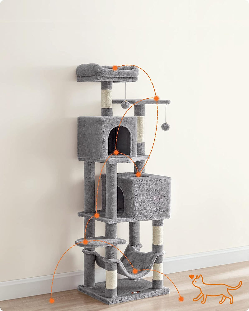 Segenn XXL Krabpaal - 155 cm hoog - kattenboom met 5 krabzuilen - Kattenhuis 2 platforms - 2 kattenholletjes - hangmat - 2 pluche ballen - pluche - lichtgrijs