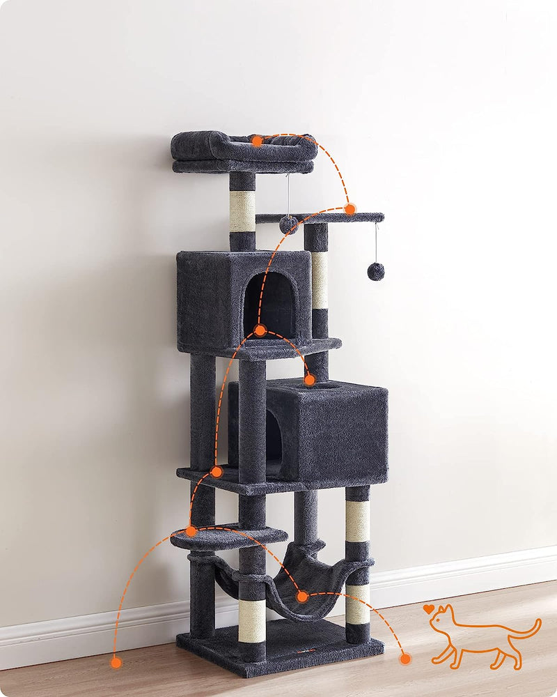 Segenn XXL Krabpaal - kattenboom met 5 krabzuilen - 2 platforms - 2 kattenholletjes 155 cm hoog- hangmat, 2 pluche ballen - pluche - design met meerdere verdiepingen - rookgrijs