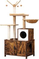 Segenn's  krabpaal met kattenbak - kattenhuis of Kattenbak - krabpaal met slot - vintage bruin - 60 x 48 x 150 cm