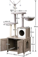 Segenn's Krabpaal met kattenbak - kattenbakkast - kattenhuis met deur en slot - krabpalen met Hangmat Mand Katten Huis - kattenbakmeubel verborgen - alles-in-één kattenspeelgoed met kattenhuis - grijs - 60cm X 150cm X 48cm