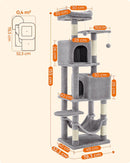 Segenn XXL Krabpaal - 155 cm hoog - kattenboom met 5 krabzuilen - Kattenhuis 2 platforms - 2 kattenholletjes - hangmat - 2 pluche ballen - pluche - lichtgrijs
