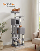 Segenn XXL Krabpaal - 155 cm hoog - kattenboom met 5 krabzuilen - Kattenhuis 2 platforms - 2 kattenholletjes - hangmat - 2 pluche ballen - pluche - lichtgrijs