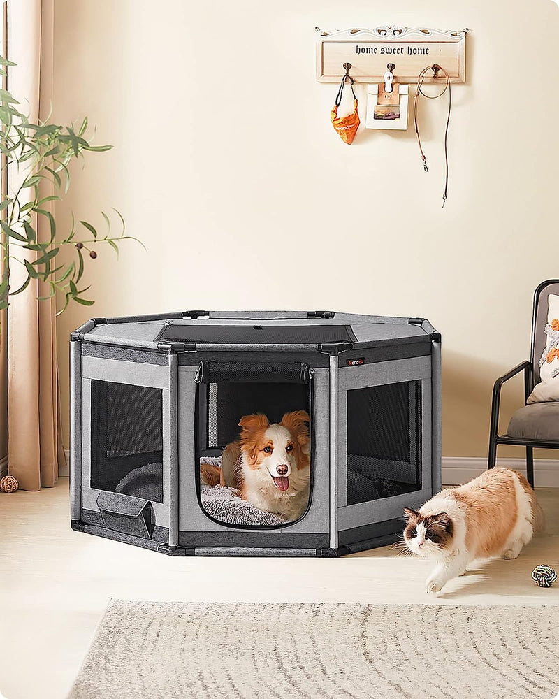 Segenn hondenren oxford stof - puppy ren achthoekig - hondenkooi L - frame van PVC buizen - ademend gaas - met zijvak - donkergrijs-lichtgrijs - 112 x 112 x 62 cm