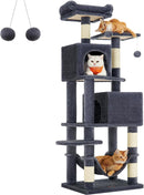 Segenn XXL Krabpaal - kattenboom met 5 krabzuilen - 2 platforms - 2 kattenholletjes 155 cm hoog- hangmat, 2 pluche ballen - pluche - design met meerdere verdiepingen - rookgrijs