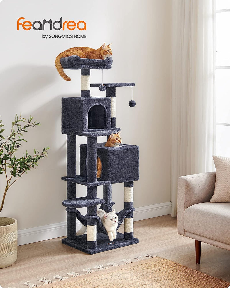 Segenn XXL Krabpaal - kattenboom met 5 krabzuilen - 2 platforms - 2 kattenholletjes 155 cm hoog- hangmat, 2 pluche ballen - pluche - design met meerdere verdiepingen - rookgrijs