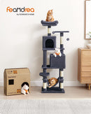 Segenn XXL Krabpaal - kattenboom met 5 krabzuilen - 2 platforms - 2 kattenholletjes 155 cm hoog- hangmat, 2 pluche ballen - pluche - design met meerdere verdiepingen - rookgrijs