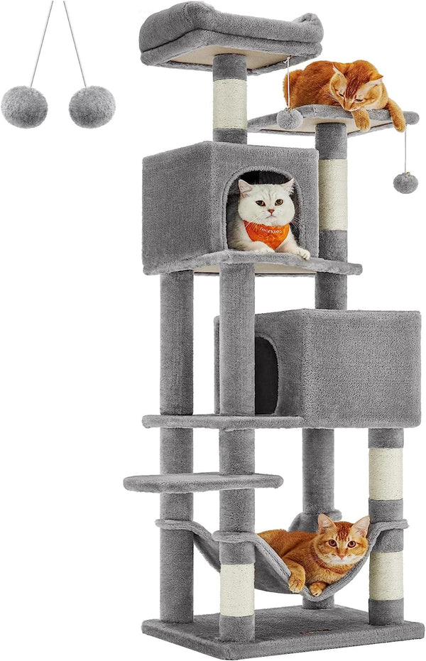 Segenn XXL Krabpaal - 155 cm hoog - kattenboom met 5 krabzuilen - Kattenhuis 2 platforms - 2 kattenholletjes - hangmat - 2 pluche ballen - pluche - lichtgrijs