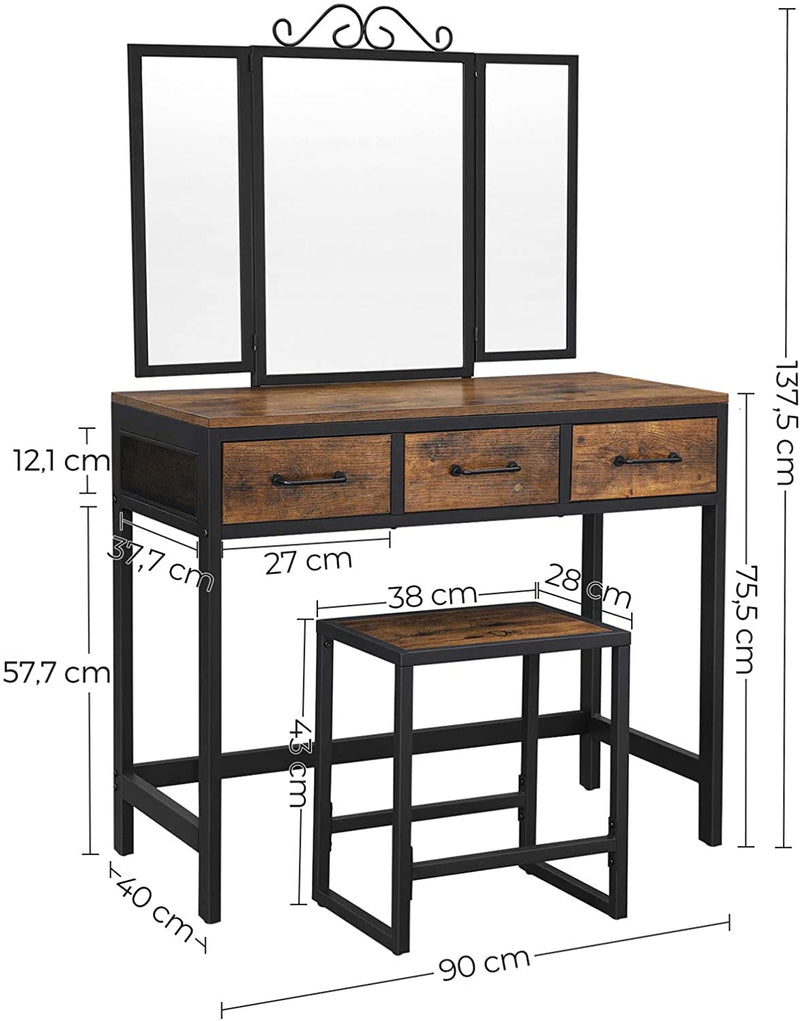 Segenn's Kaptafel - makeup tafel met 3-delige klapspiegel en 3 lades - stalen frame - met kruk - industrieel ontwerp - vintage bruin-zwart