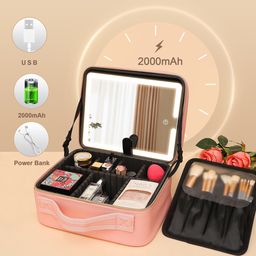 Segenn Extra Groot Beautycase met Spiegel en LED Licht - ROSE - Make Up Koffer Dames – LED Verlichting Makeup Organizer – Tas voor Cosmetica – Reis Toilettas Professionele make-uptas met spiegels 3 kleuren lichten, cosmetische koffer verstelbaar