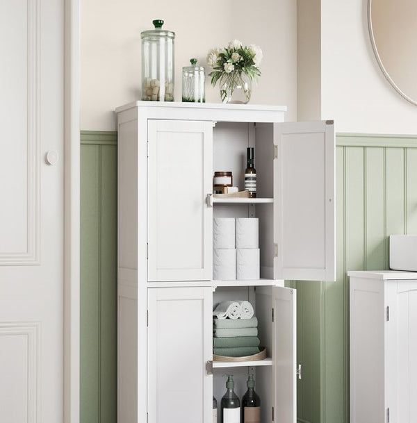 SEGENN Modena Witte Opbergkast Badkamer – 4 Deuren – Klassieke Stijl-Wit en Elegant-Staande Badkamerkast