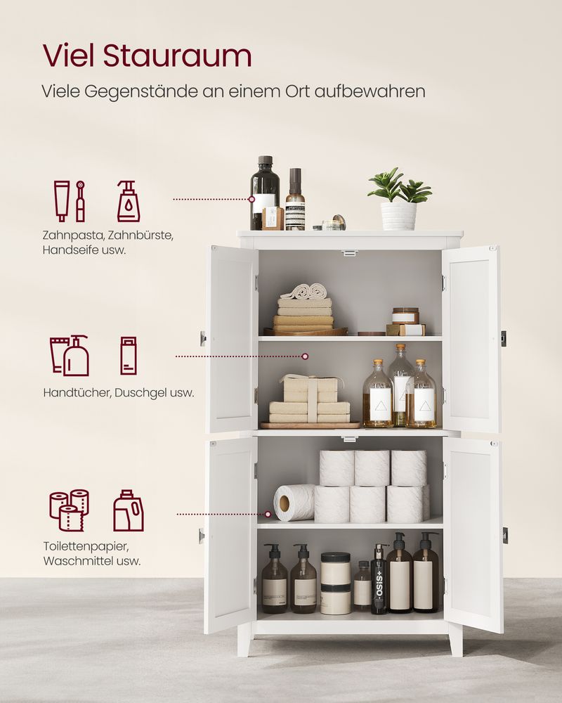 SEGENN Modena Witte Opbergkast Badkamer – 4 Deuren – Klassieke Stijl-Wit en Elegant-Staande Badkamerkast