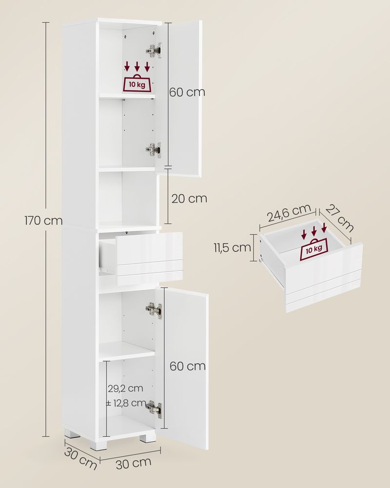 Segenn's Catania Badkamerkast met verstelbare legplanken – hoge kast 30 x 30 x 170 cm – moderne opbergkast voor badkamer
