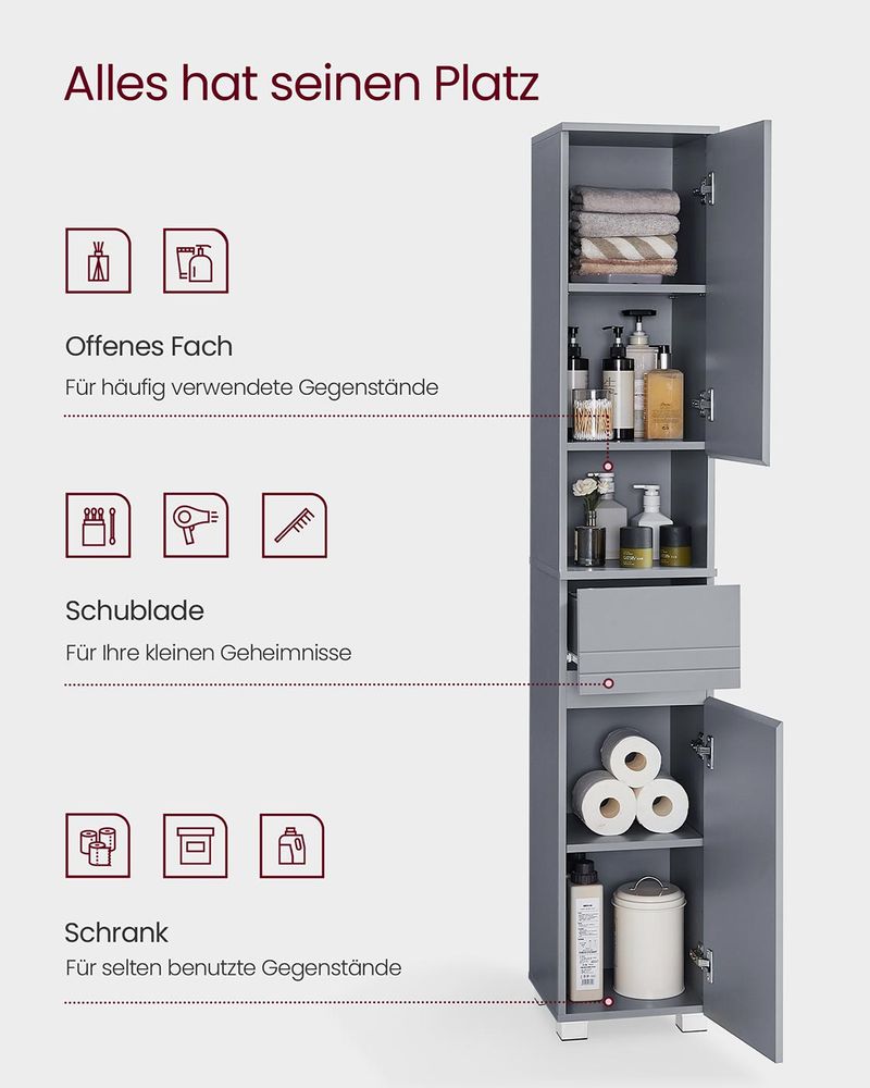 Segenn's Parma Hoge badkamerkast 30 x 30 x 170 cm – smalle opbergkast in Mystical Grey – moderne kast voor badkamer