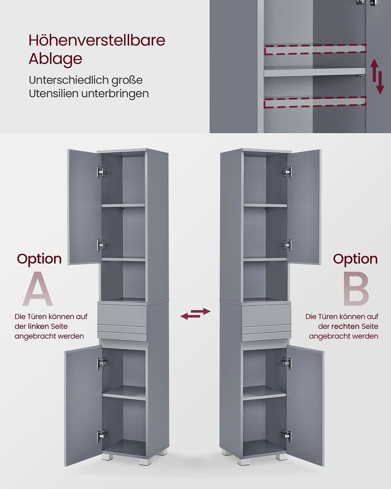 Segenn's Parma Hoge badkamerkast 30 x 30 x 170 cm – smalle opbergkast in Mystical Grey – moderne kast voor badkamer