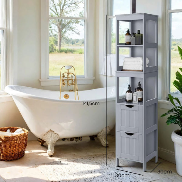 Segenn's Bari Hoog vrijstaand badkamermeubel met deuren en planken – ruime badkamerkast voor georganiseerde opslag