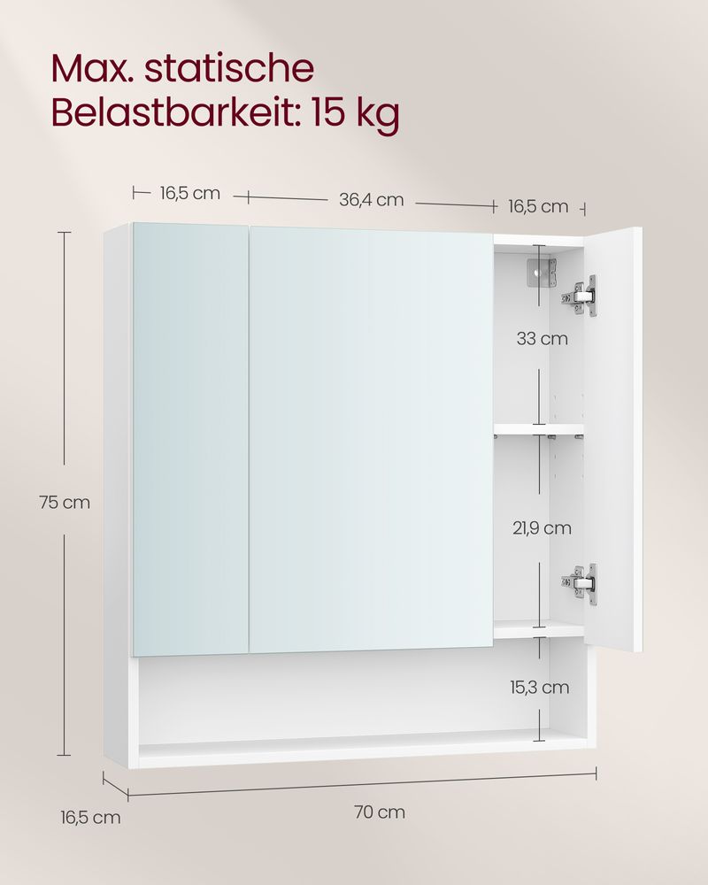 Segenn's Siena Badkamerkast Cloud White, 3 deuren, 16,5 x 70 x 75 cm – strak en functioneel design voor elke badkamer