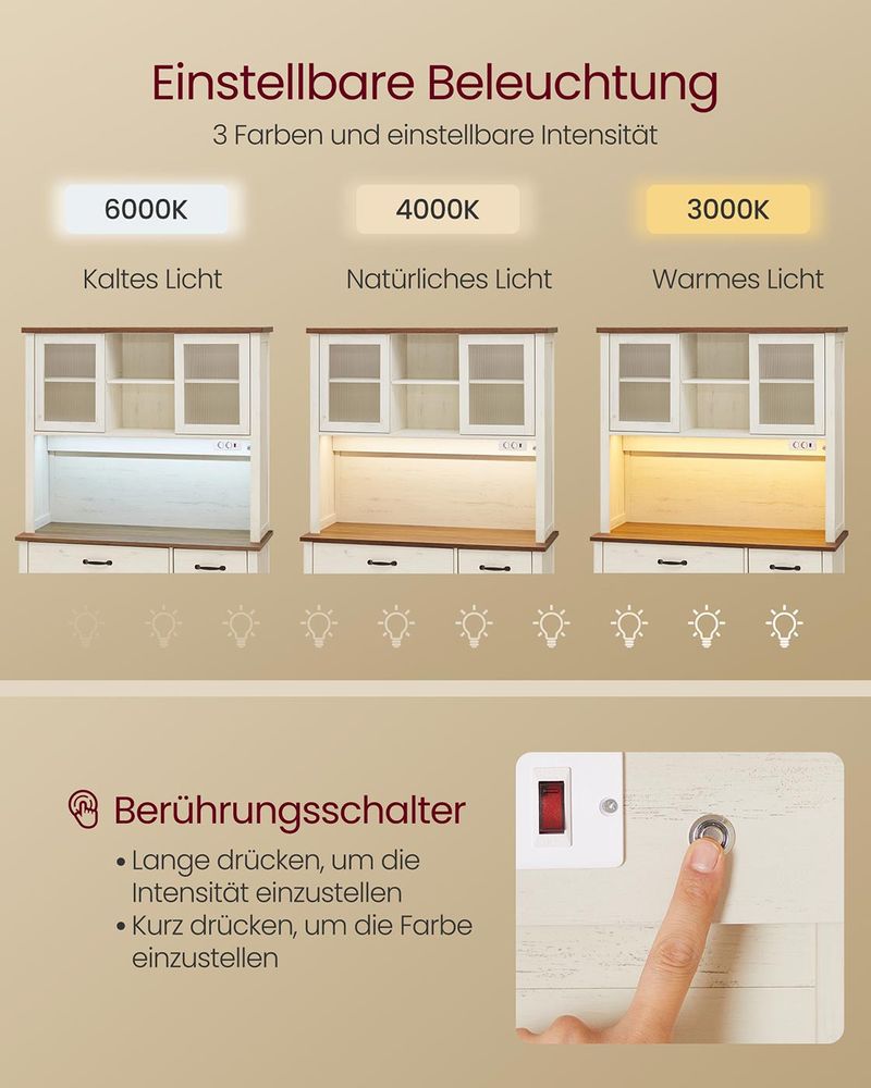 SEGENN Parma Landelijk Houten Dressoir met Verlichting en Oplaadstation – Stijlvol en Praktisch-Multifunctioneel Dressoir
