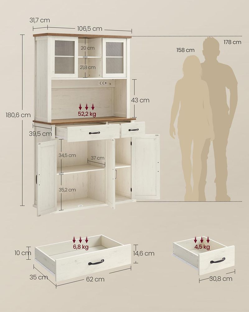 SEGENN Parma Landelijk Houten Dressoir met Verlichting en Oplaadstation – Stijlvol en Praktisch-Multifunctioneel Dressoir