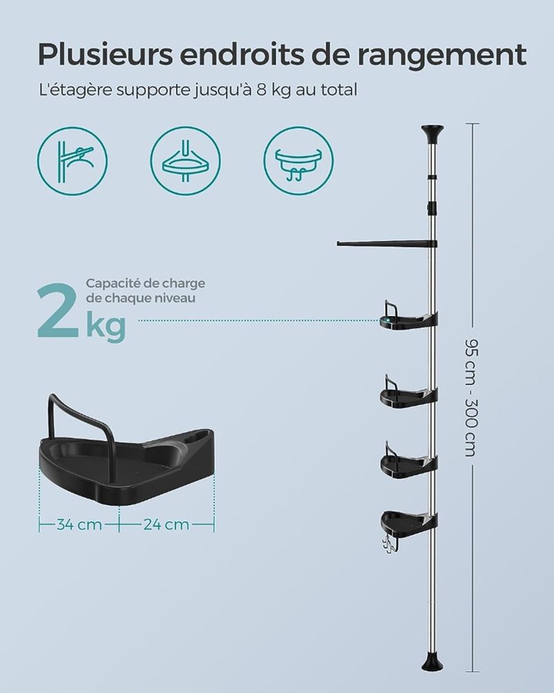 SEGENN Matera Verstelbaar Douche Hoekrek – 95-300 cm – Roestvrij Staal – Zilver/Zwart – Met Planken-Voor Hoekmontage