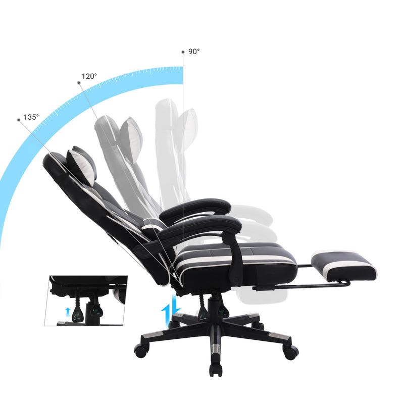 Segenn's Gamestoel - Bureaustoel - met hoofdsteun en Voetsteun - Ergonomisch - Zwart en Wit