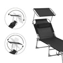 Ligstoel met Hoofdsteun en Zonnekap Zwart – Opvouwbare Verstelbare Relaxstoel voor Tuin, Strand, Camping en Zwembad