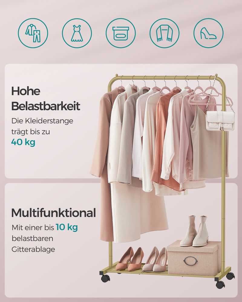 SEGENN Catania Goudkleurig Kledingrek met Wielen en Opbergplank – Sterk, Verplaatsbaar & Elegant-Elegant Kledingrek op Wielen – Goud met Legplank – Modern en Functioneel Design