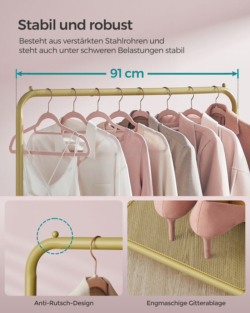 SEGENN Catania Goudkleurig Kledingrek met Wielen en Opbergplank – Sterk, Verplaatsbaar & Elegant-Elegant Kledingrek op Wielen – Goud met Legplank – Modern en Functioneel Design