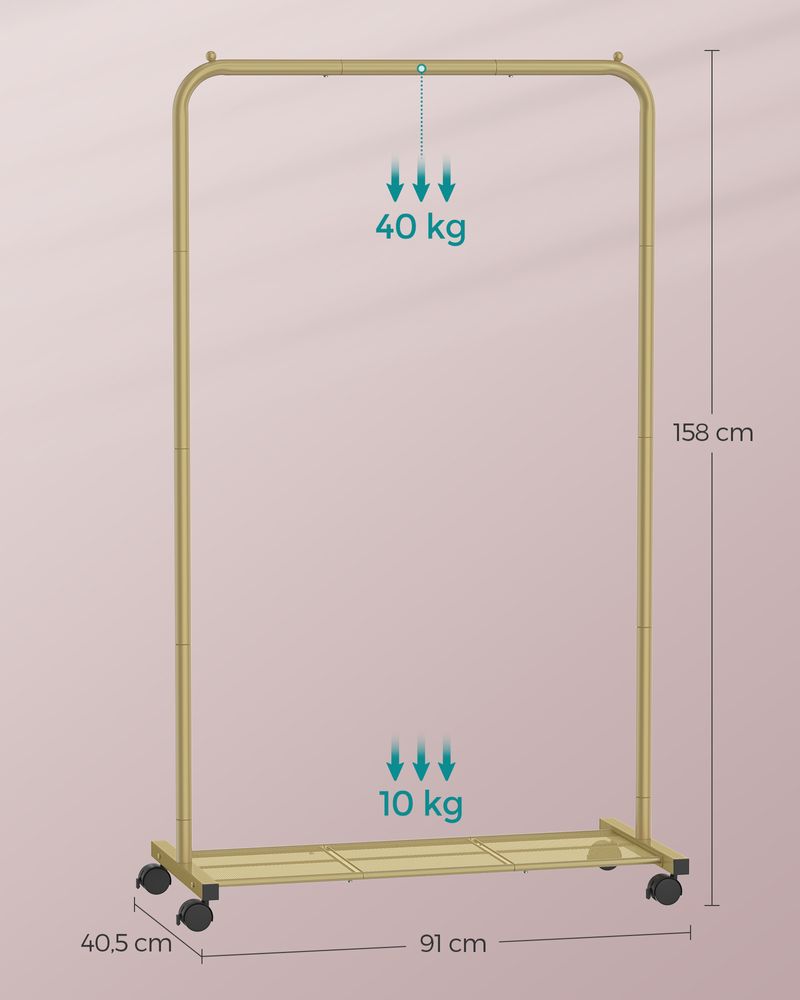 SEGENN Catania Goudkleurig Kledingrek met Wielen en Opbergplank – Sterk, Verplaatsbaar & Elegant-Elegant Kledingrek op Wielen – Goud met Legplank – Modern en Functioneel Design