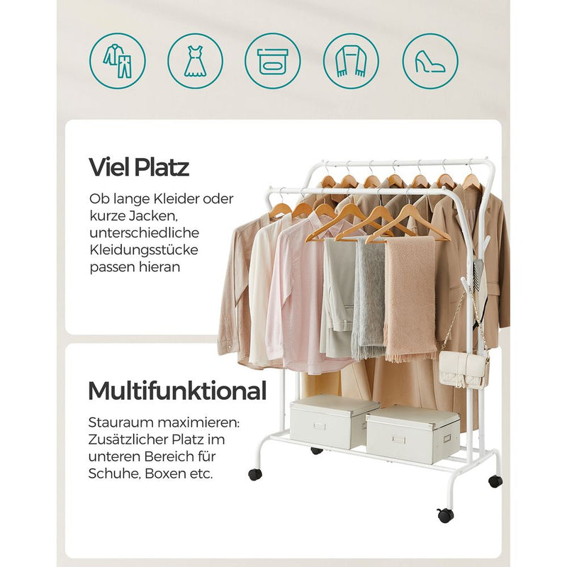 SEGENN Modena Wit Kledingrek op Wieltjes met 2 Kledingstangen-Verplaatsbaar Kledingrek-Wit Kledingrek op Wieltjes met 2 Kledingstangen – Verstelbaar & Mobiel