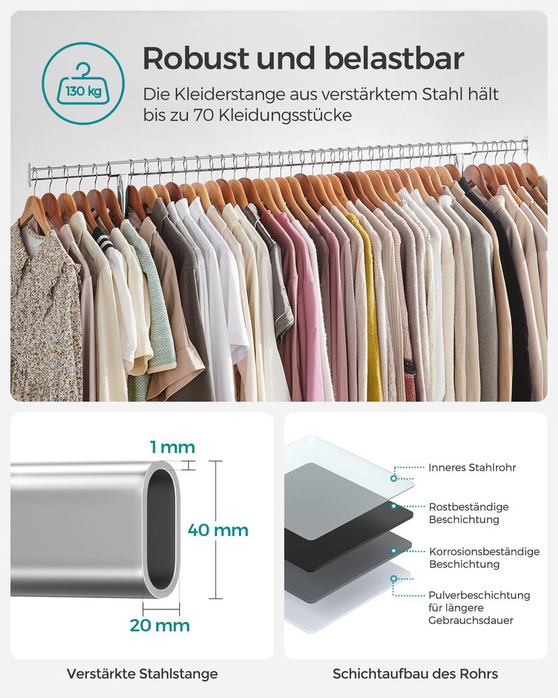SEGENN Turin Zwaar Belastbaar Kledingrek – Draagvermogen tot 130 kg | Stevig & Duurzaam