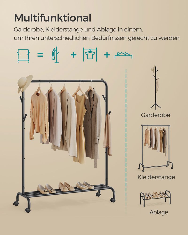 SEGENN Brescia Kledingrek op Wielen – 103,5 cm Breed – Inktzwart – Verplaatsbare Kledingroede voor Slaapkamer of Winkel-Voor Jassen, Kleding of Wasruimte