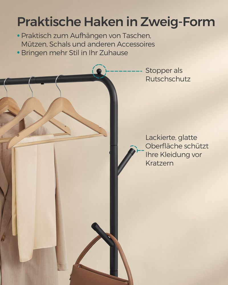 SEGENN Brescia Kledingrek op Wielen – 103,5 cm Breed – Inktzwart – Verplaatsbare Kledingroede voor Slaapkamer of Winkel-Voor Jassen, Kleding of Wasruimte